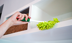 Person using cleaning tool to dust shelf