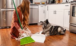 Dog and woman sitting in kitchen