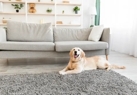 Golden retriever laying on gray rug in living room